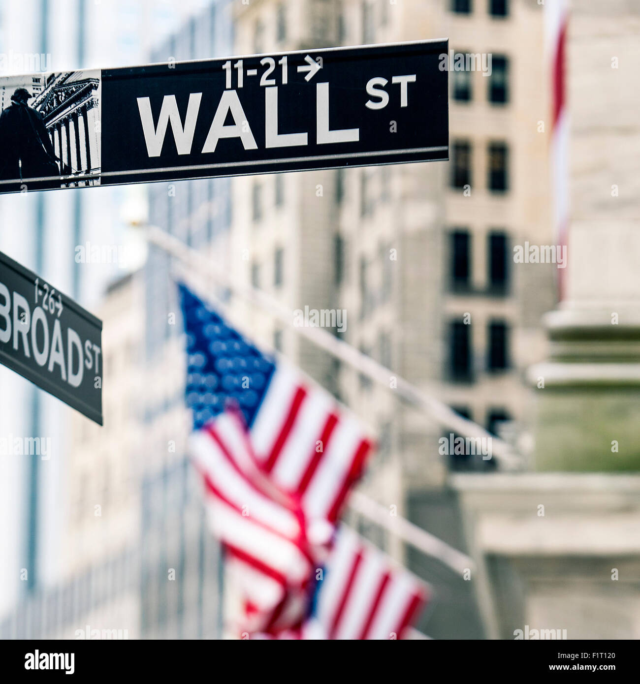 View of Wall street sign in New York with New York Stock Exchange background Stock Photo
