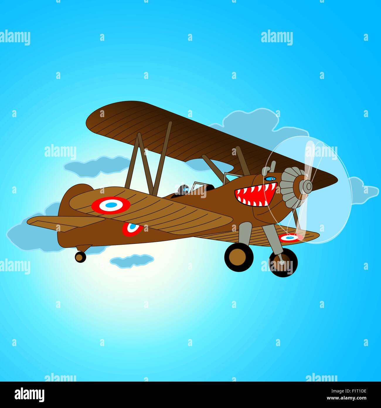 Vintage war aircraft flying in sky. Stock Vector