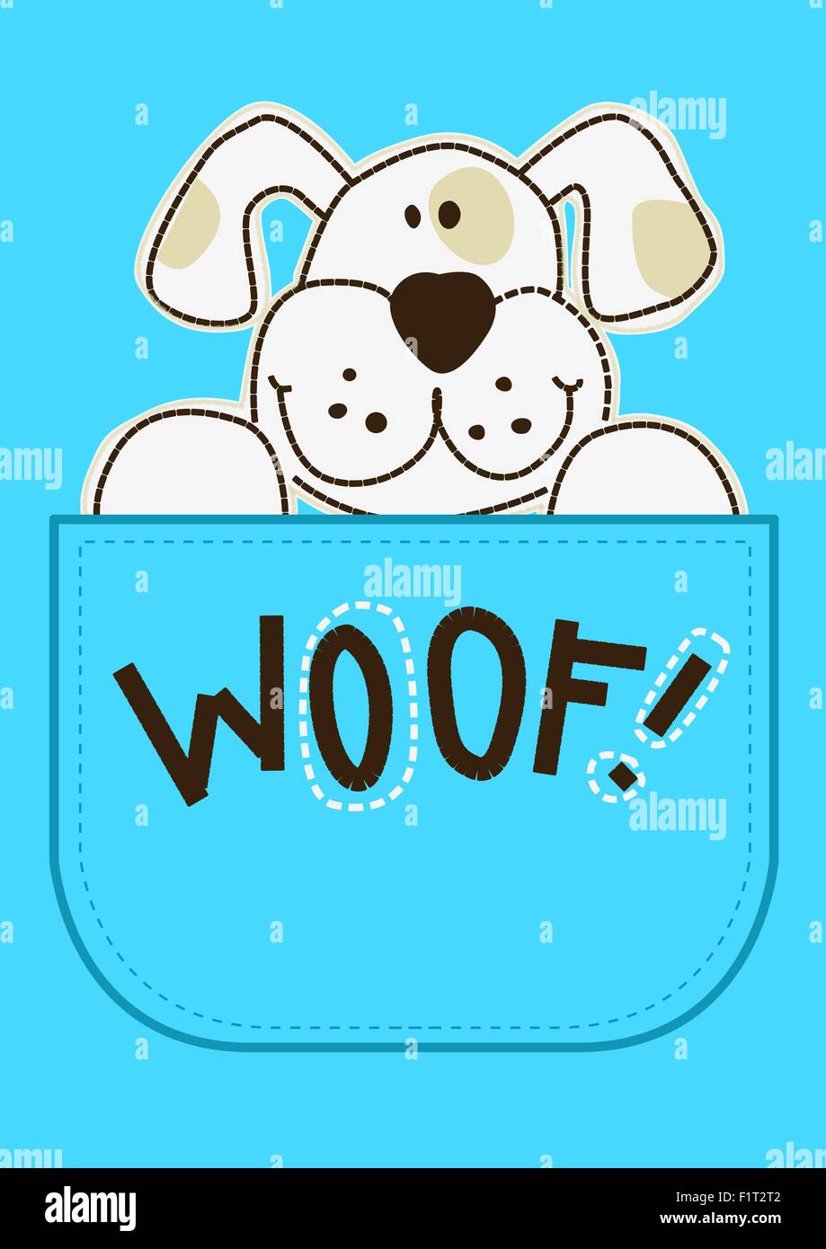 Woof Woof puppy dog sitting in a pocket. Stock Vector