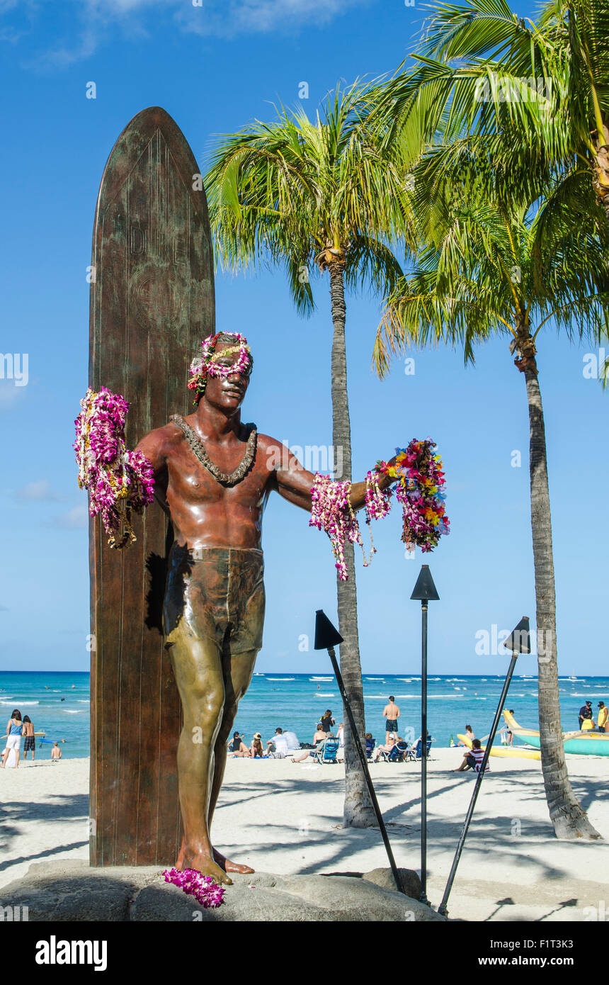 Duke Paoa Kahanamoku, Waikiki Beach, Honolulu, Oahu, Hawaii, United States of America, Pacific Stock Photo