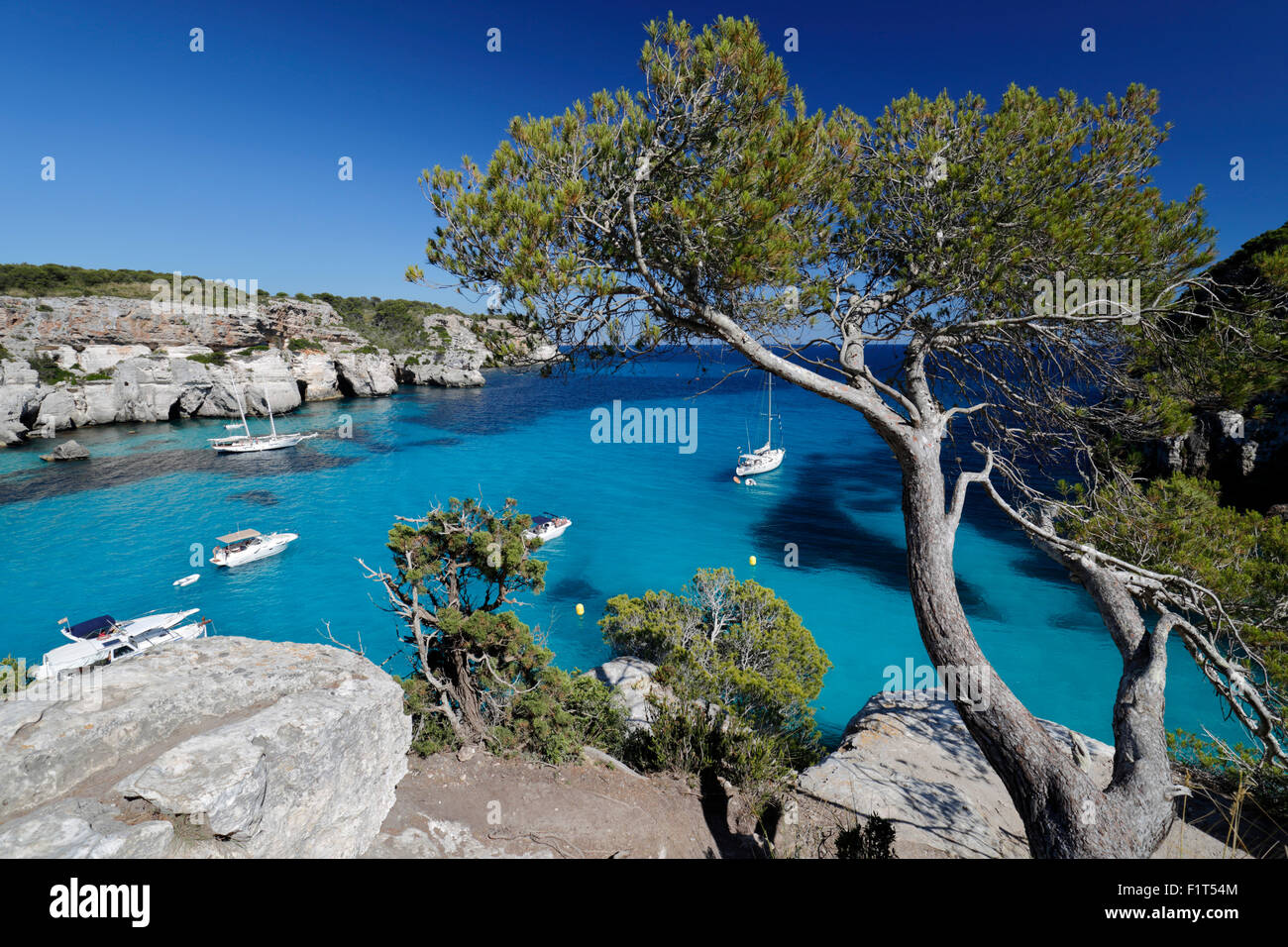 Yachts anchored in cove, Cala Macarella, near Cala Galdana, South West Coast, Menorca, Balearic Islands, Spain, Mediterranean Stock Photo