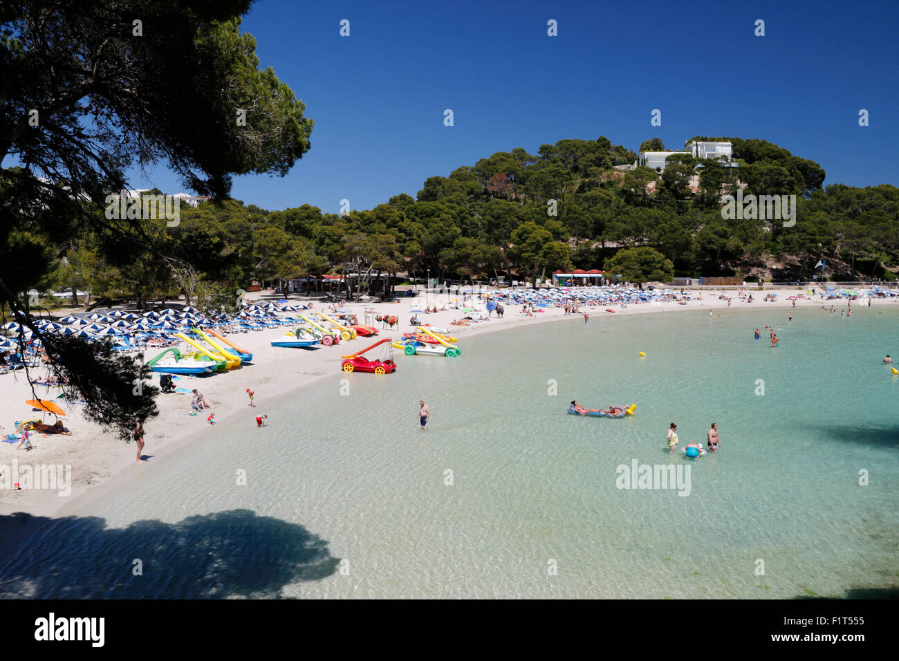 View over beach, Cala Galdana, Menorca, Balearic Islands, Spain, Mediterranean, Europe Stock Photo