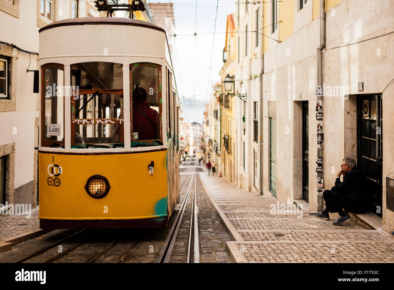 Tram in Elevador da Bica, Lisbon, Portugal, Europe Stock Photo