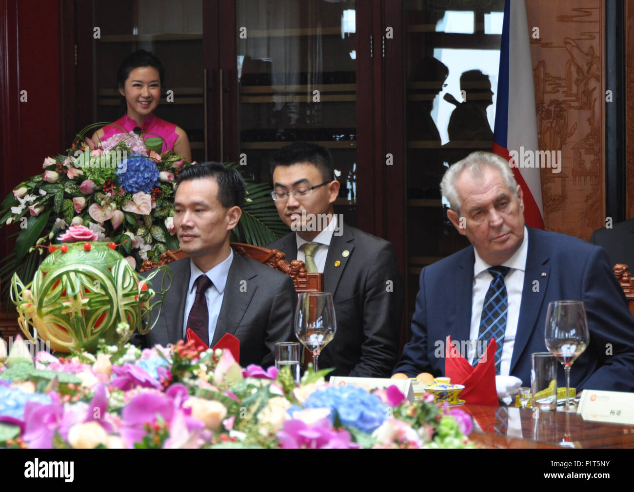 Czech President Milos Zeman, right, currently on an official visit to China, attended the signature of important agreements between the Chinese investment group CEFC and Czech firms, in Shanghai, China, on Saturday, September 5, 2015. During his visit to China, Zeman took part in a military parade on the occasion of the celebrations of the 70 anniversary of the end of World War Two in Asia and had talks with his Chinese counterpart Xi Jinping. The Chinese president accepted Zeman´s invitation to come to the Czech Republic. The visit is to take place next year. At the left there is board chairm Stock Photo