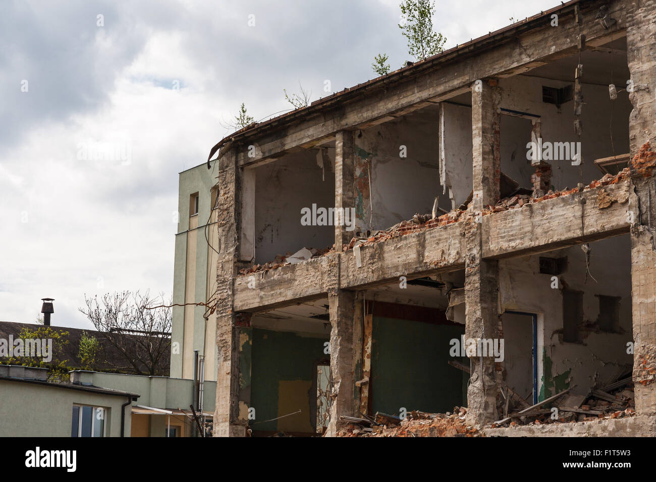 Abandoned destroyed building, industrial background Stock Photo