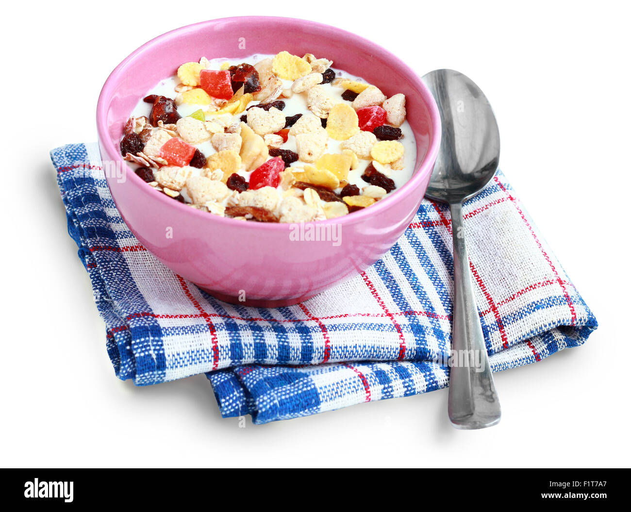 Breakfast cereal in a pink bowl isolated on white background Stock