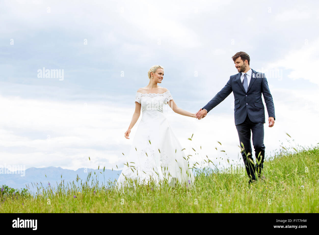 Bride and groom holding hands in the meadow Stock Photo - Alamy