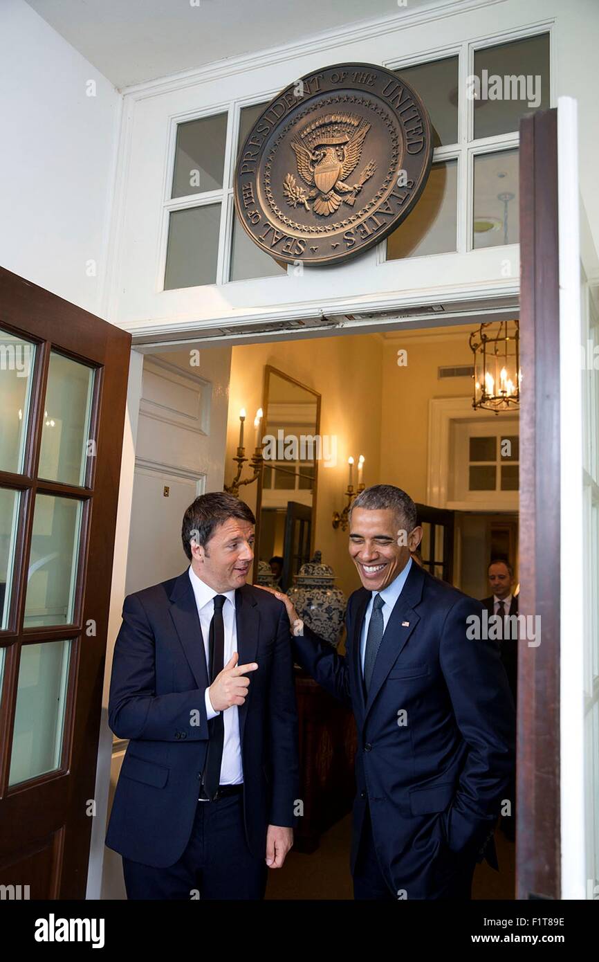 U.S. President Barack Obama bids farewell to Italian Prime Minister Matteo Renzi as he departs the West Wing of the White House April 17, 2015 in Washington, DC. Stock Photo