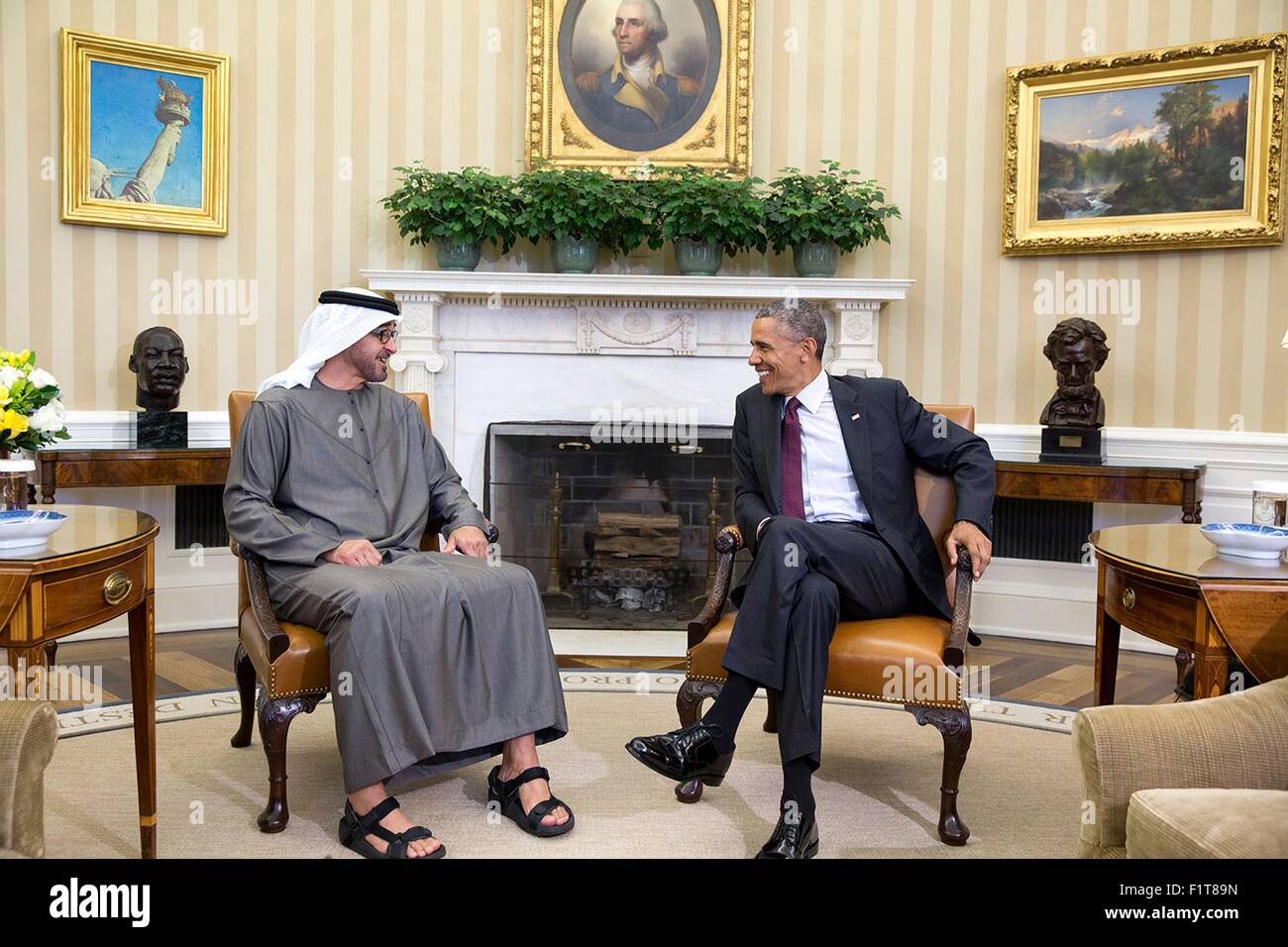 U.S. President Barack Obama meets with Crown Prince Mohammed Bin Zayed Al Nahyan of the United Arab Emirates in the Oval Office of the White House April 20, 2015 in Washington, DC. Stock Photo