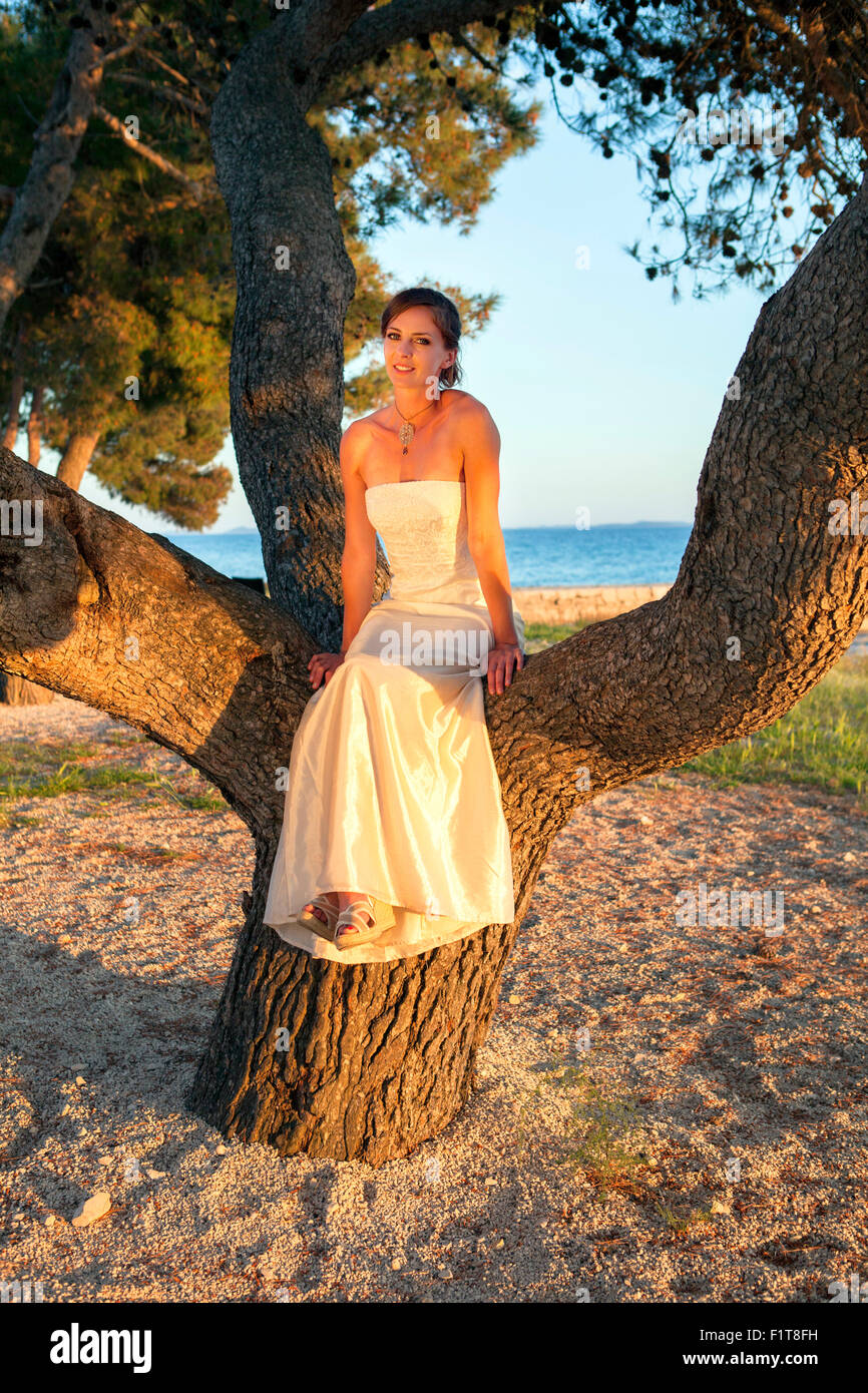 Bride in wedding dress sitting in tree Stock Photo