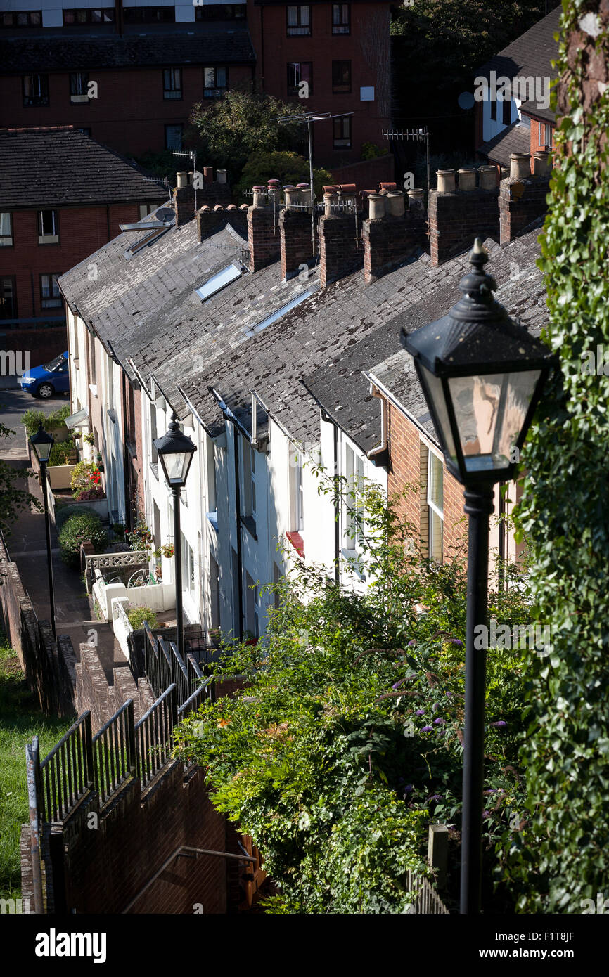 Napier terrace a row of terraced houses in Exeter,A view down the steps beside the terrace of 13 properties, housing market, Stock Photo