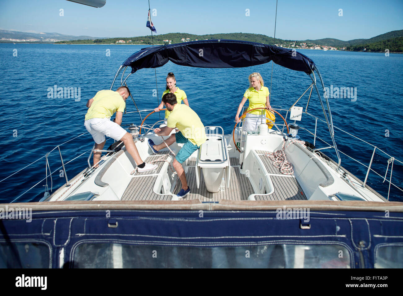 Group of friends together on sailboat, Adriatic Sea Stock Photo