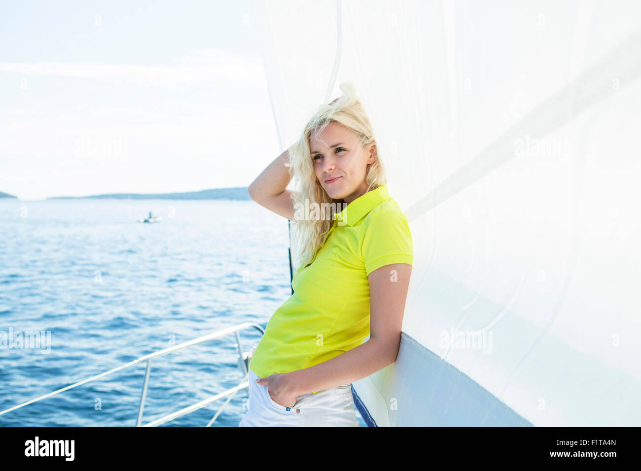 Portrait of woman on sailboat, Adriatic Sea Stock Photo