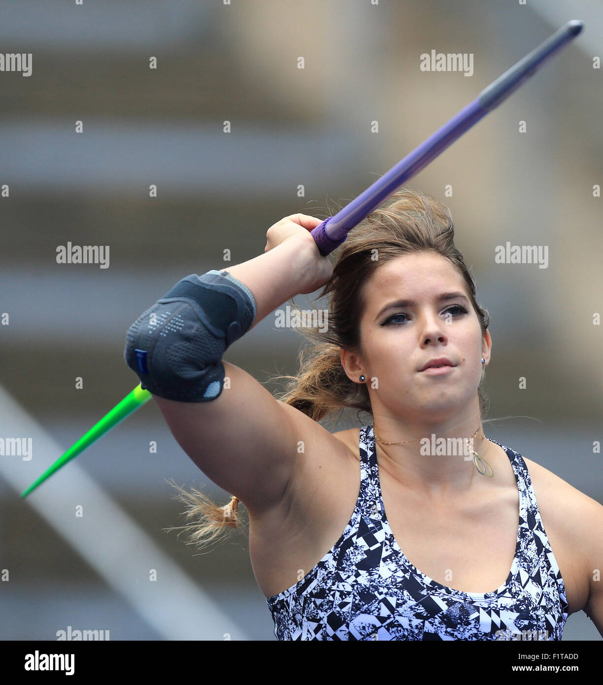 Berlin, Germany. 06th Sep, 2015. Javelin thrower Maria Andrejczyk of Poland in action during the ISTAF athletics World Challenge in Berlin, Germany, 06 September 2015. Photo: Jens Wolf/dpa/Alamy Live News Stock Photo