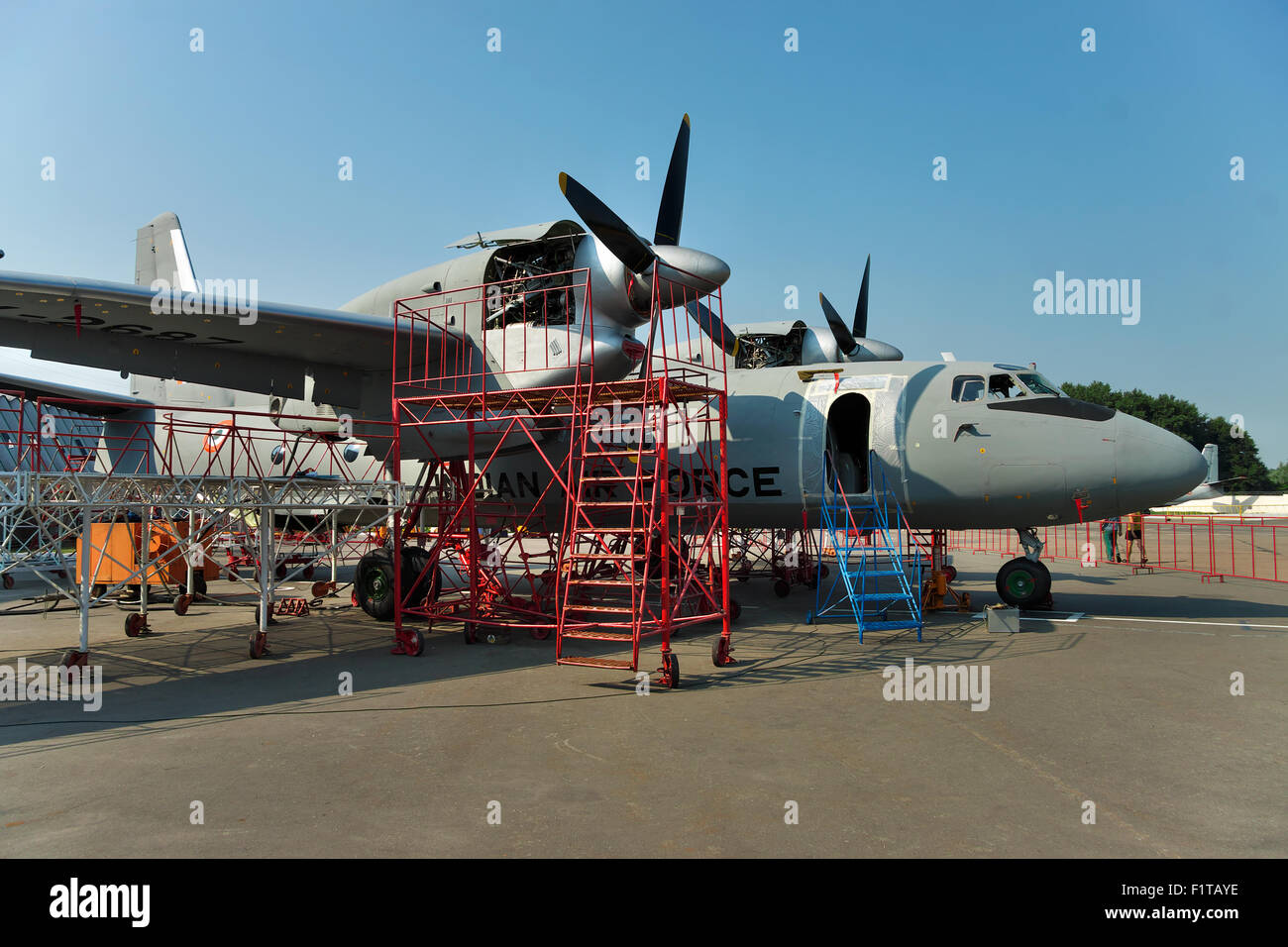 Kiev, Ukraine - July 7, 2012: Indian Air Force cargo planes An-32 during the maintenance and equipment upgrade Stock Photo