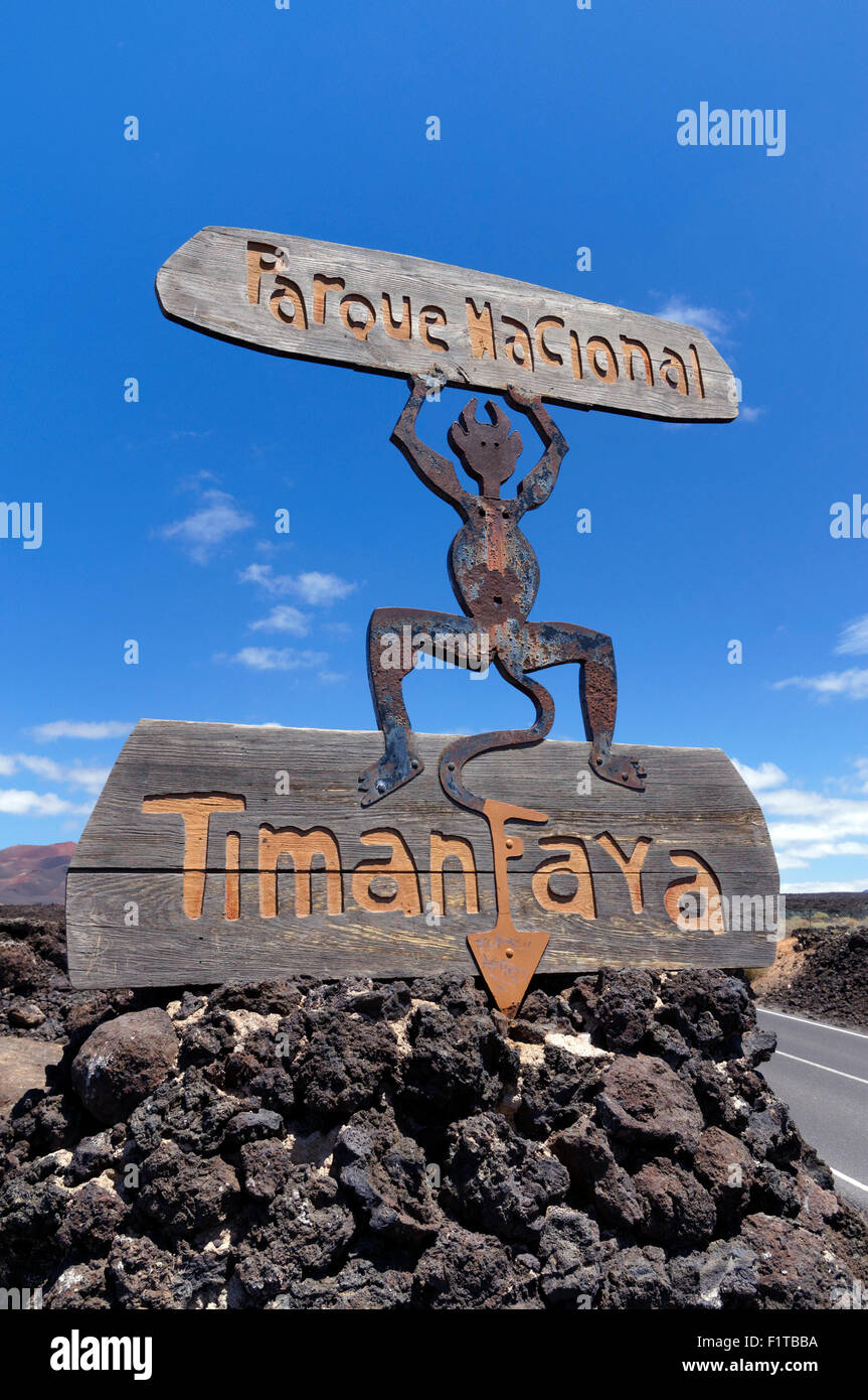 El Diablo Devil designed by  Cesar Manrique, Parque Nacional De Timanfaya, Lanzarote, Canary Islands, Spain. Stock Photo