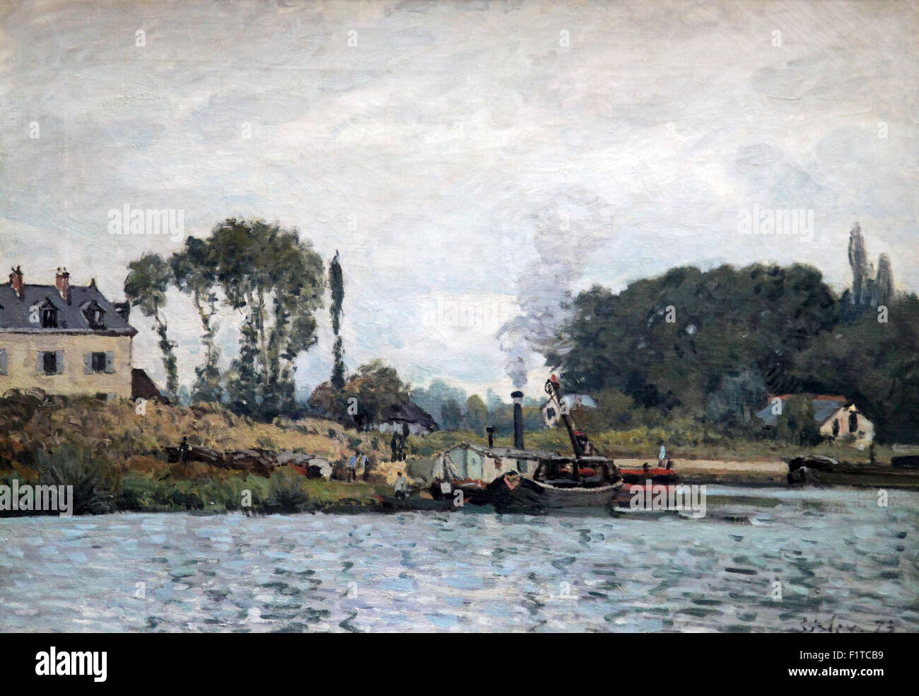 Boats at the lock at Bougival 1873 by Alfred Sisley 1839-1899.Impressionist landscape painter born in France but with a British citizenship. Stock Photo