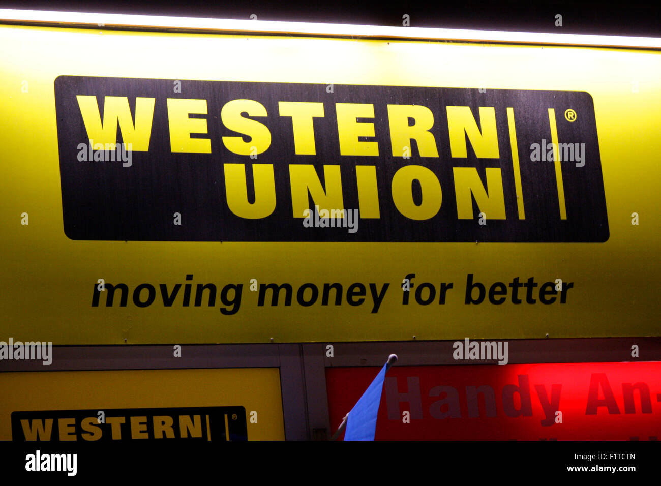 Markenname: "Western Union", November 2013, Berlin. Stock Photo
