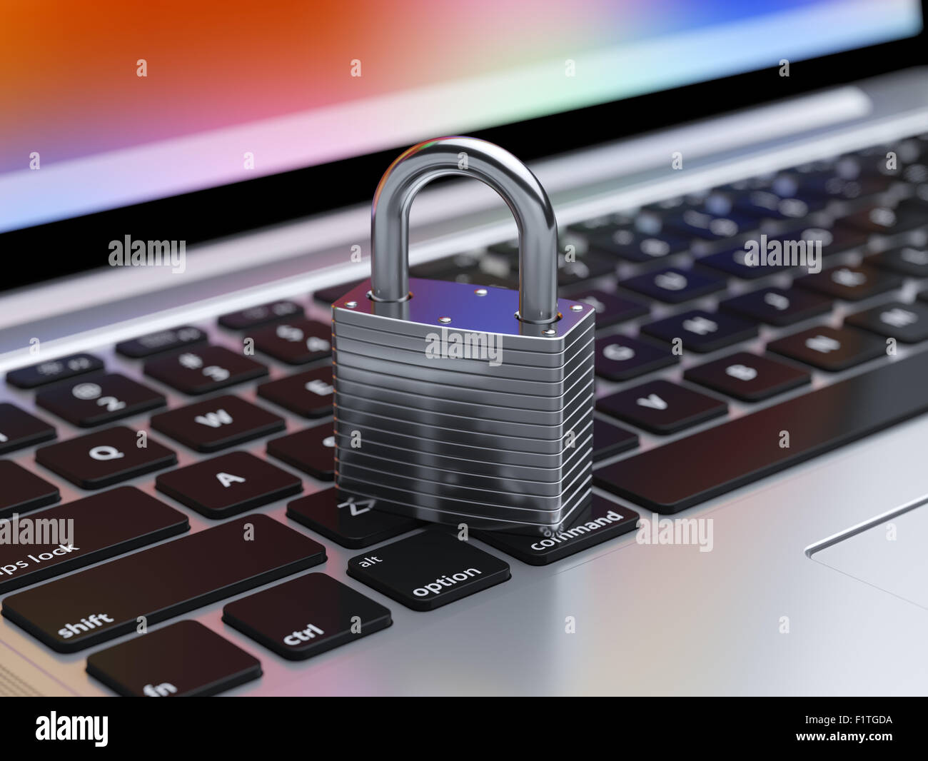 3d illustration of chrome padlock on the computer keyboard. Security ...