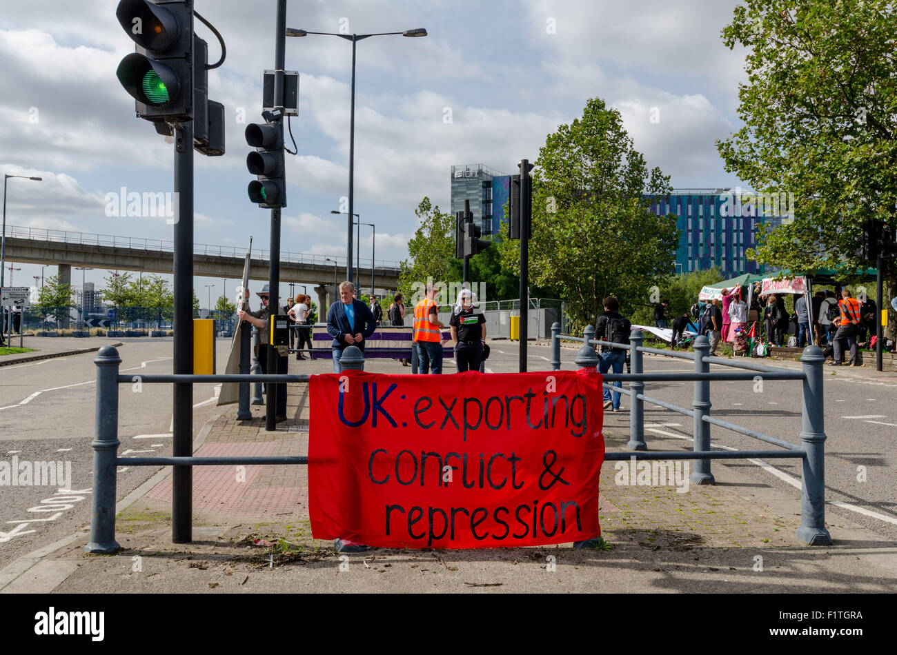 London, UK. 7th September, 2015. DSEI arms fair is due to start in London this week.Group of activists organised protest outside Excel exbition center where the even will take a place. 7th Sep, 2014. Credit: Velar Grant/ZUMA Wire/Alamy Live News Stock Photo