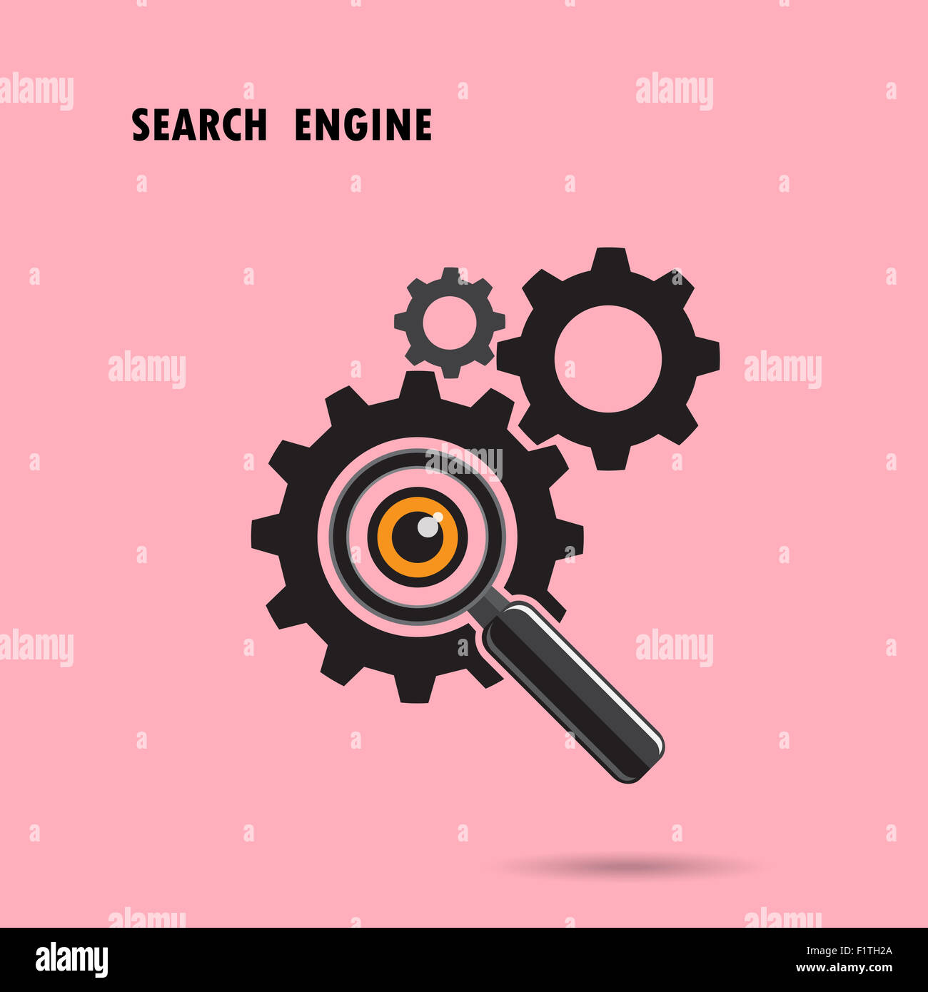 Magnifying optical glass with Gears icon on background. Search engine ...