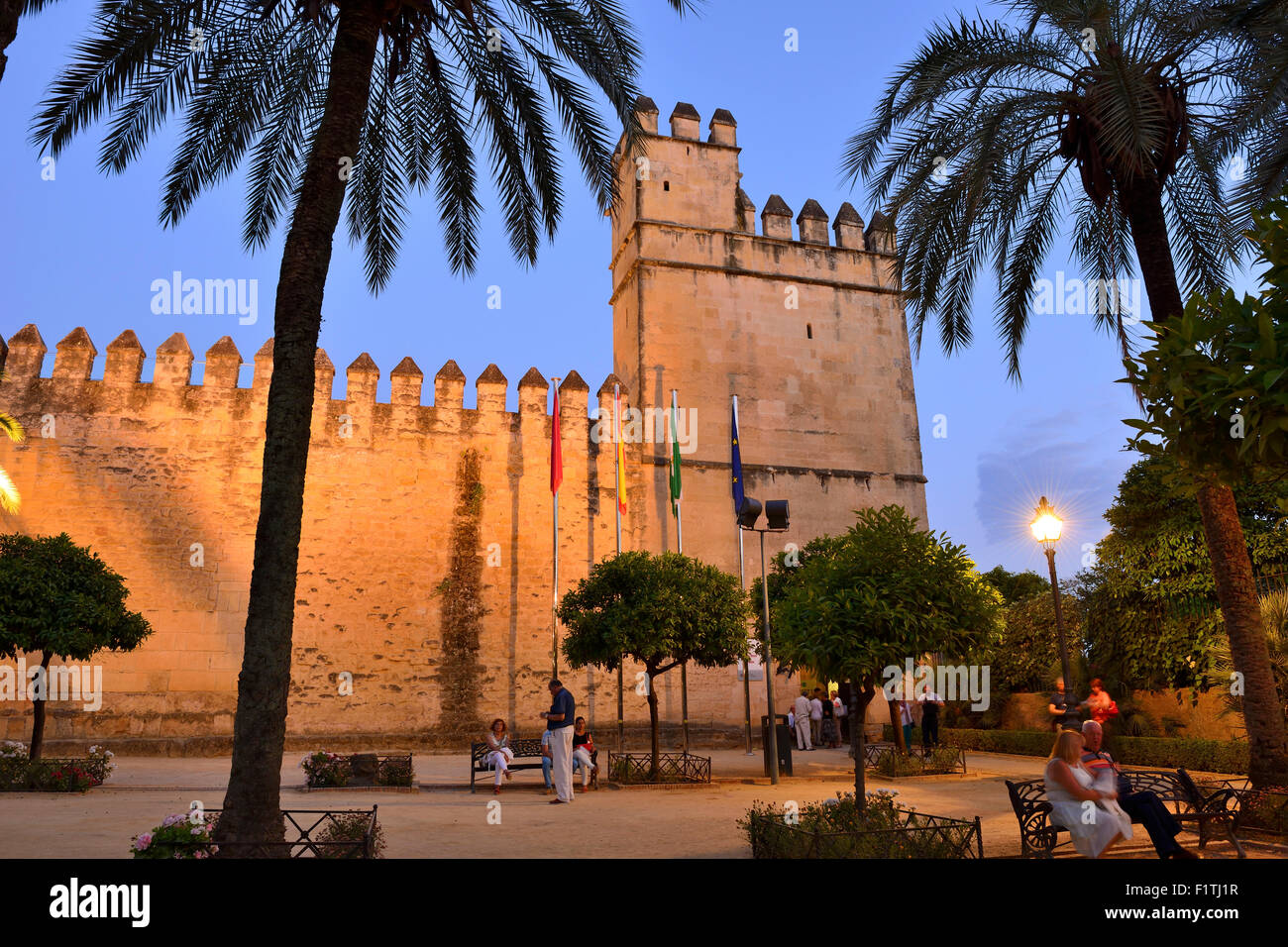 Exterior of Alcazar de los Reyes Cristianos at dusk, Cordoba, Andalusia ...