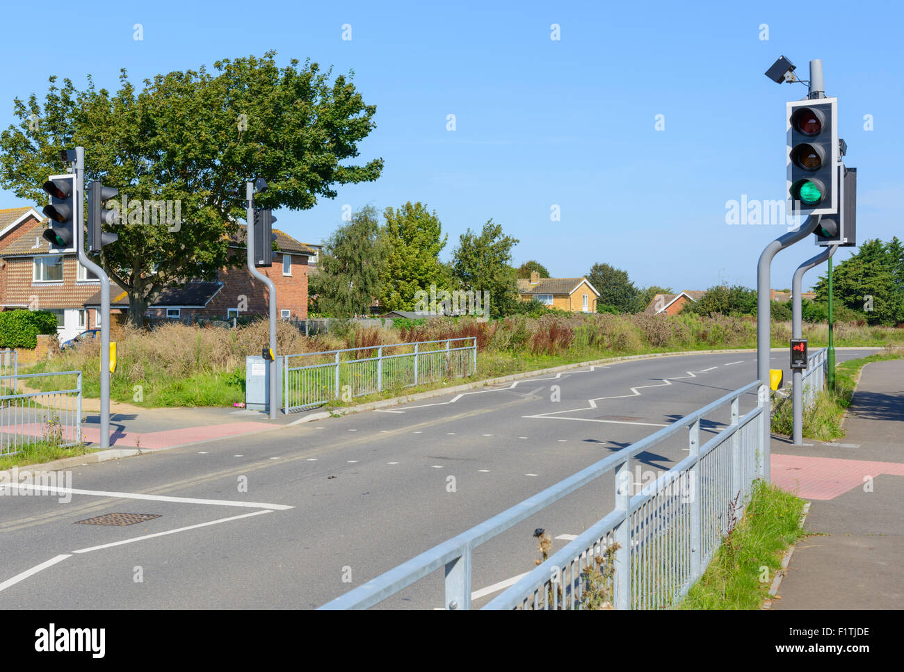 Toucan crossing for pedestrians and cyclists on a road in England UK. Stock Photo