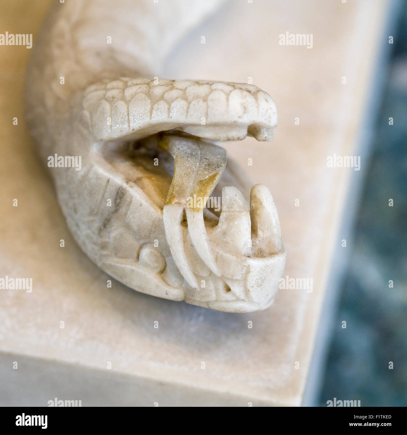 Carved Serpent's Head sculpture. Detail of Jeune chasseur blesse par un serpent by Louis-Messidor Petitot Stock Photo