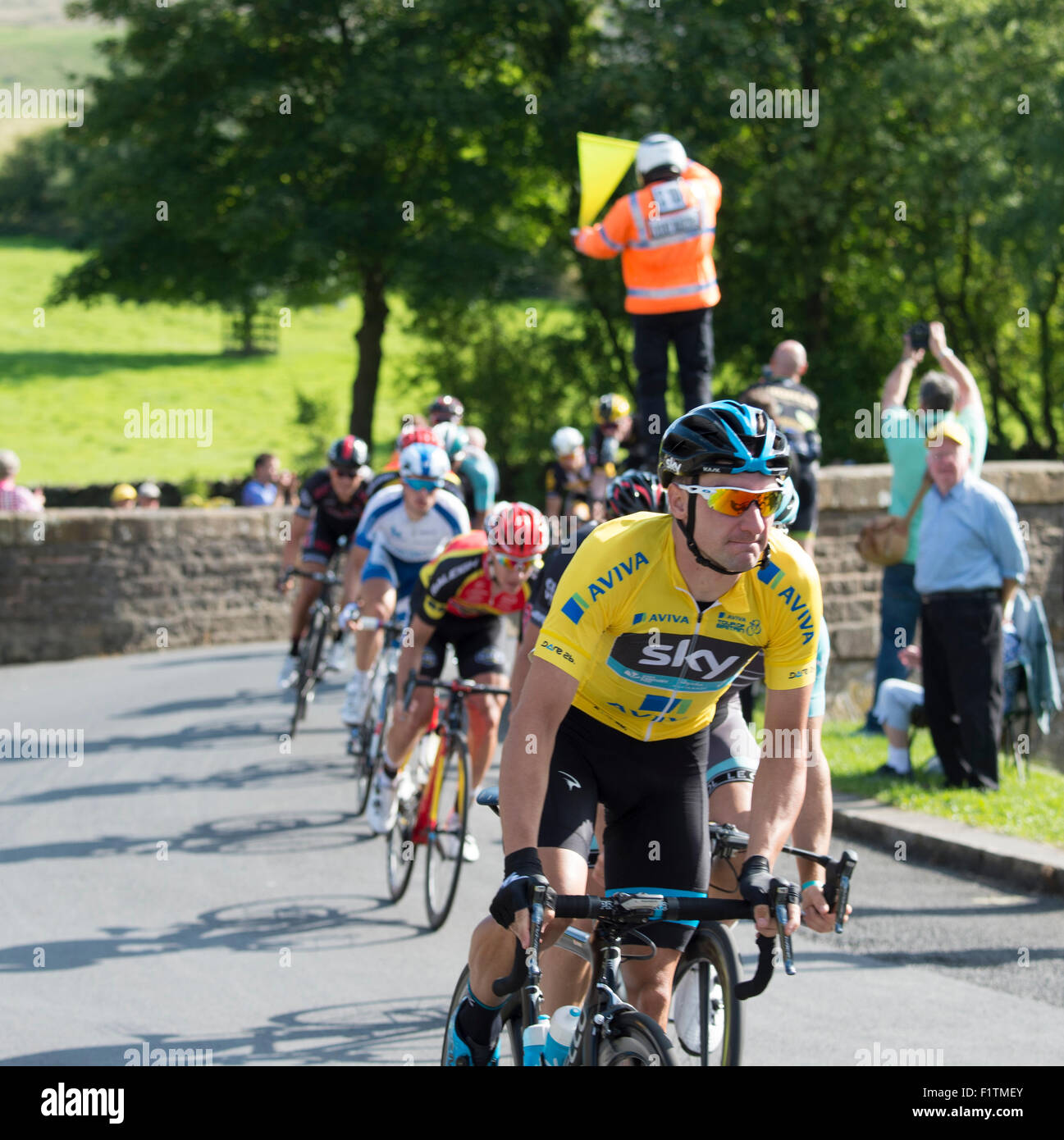 Downham village, Lancashire, UK. 7th September, 2015. Stage 2 Aviva Tour of Britain cycle race in Downham village, Lancashire. Elia Viviani of Team Sky in the yellow jersey. Credit:  STEPHEN FLEMING/Alamy Live News Stock Photo