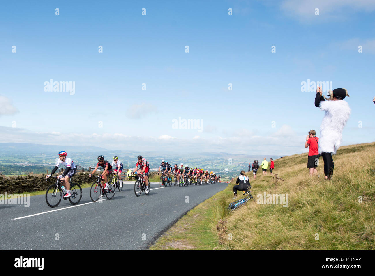 Colne, UK. 07th Sep, 2015. Cyclists climb the Nick o' Pendle at the beginning of stage two of the Aviva Tour of Britain between Clitheroe and Colne, United Kingdom on 7 September 2015. The race, which covers 7 stages, started on 6 September in Beaumaris, Anglesey, and ends on 13 August in London, United Kingdom. Credit:  Andrew Peat/Alamy Live News Stock Photo