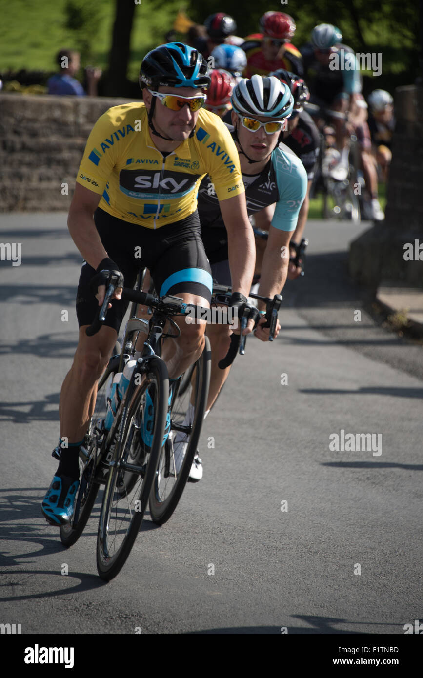 Downham village, Lancashire, UK. 7th September, 2015. Stage 2 Aviva Tour of Britain cycle race in Downham village, Lancashire. Elia Viviani of Team Sky in the yellow jersey on stage 2. Credit:  STEPHEN FLEMING/Alamy Live News Stock Photo