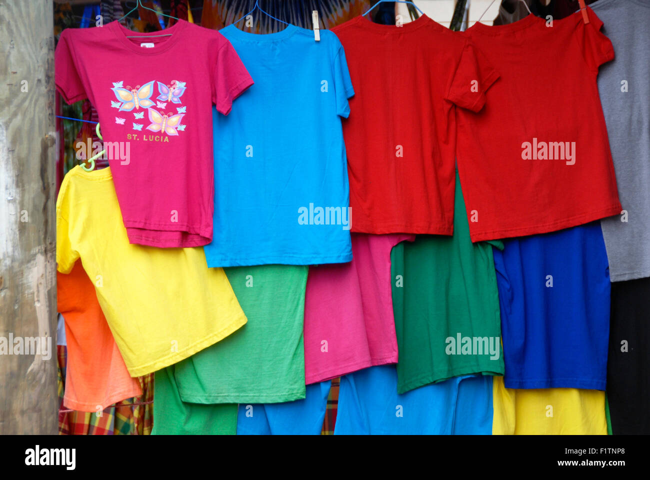 Garments on street stall, St Lucia, Caribbean Stock Photo