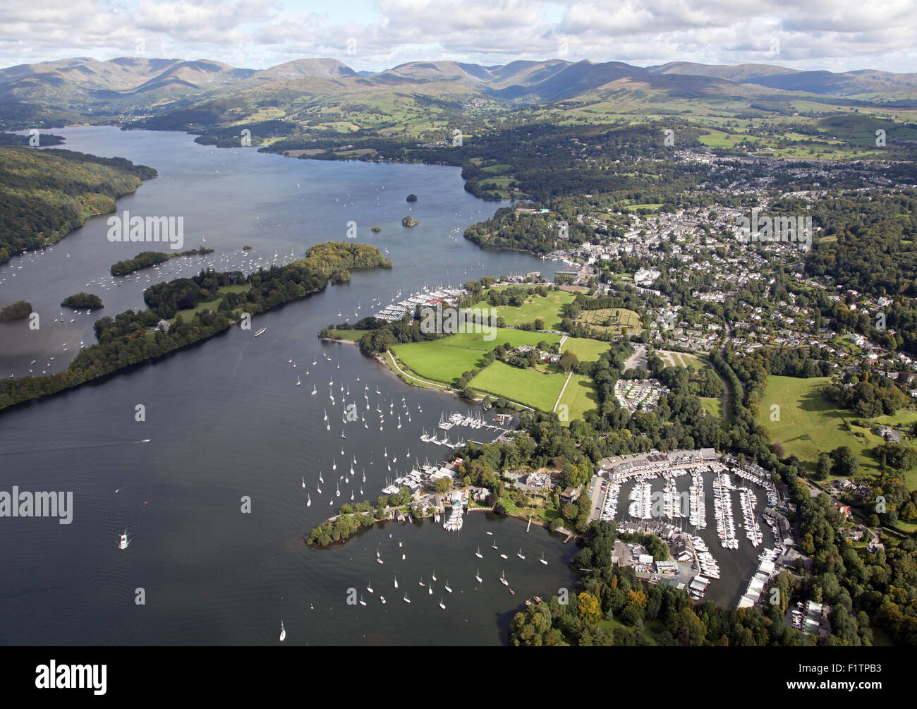 aerial view of Bowness and Windermere at Lake Windermere, Cumbria, UK Stock Photo