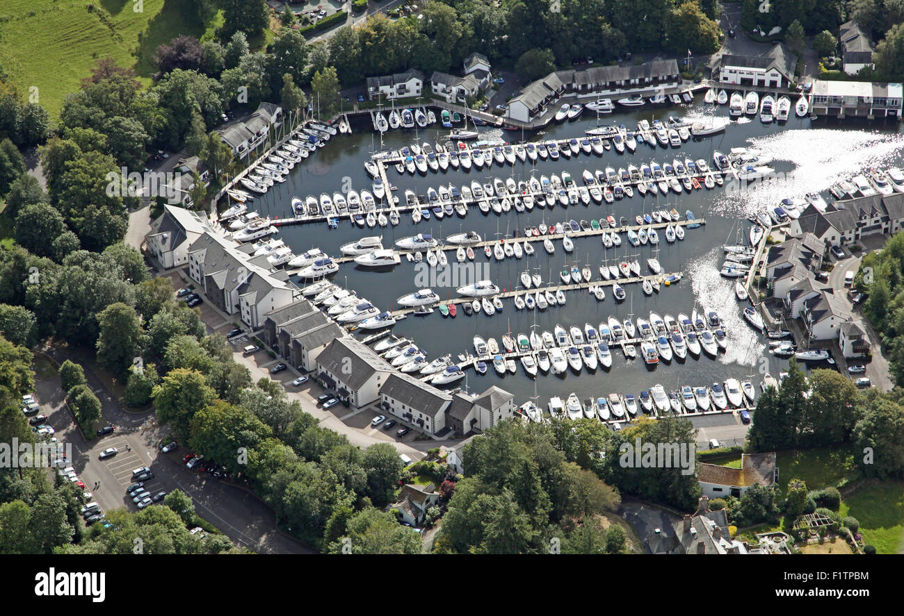 aerial view of Windermere Marina village in the Lake District, Cumbria
