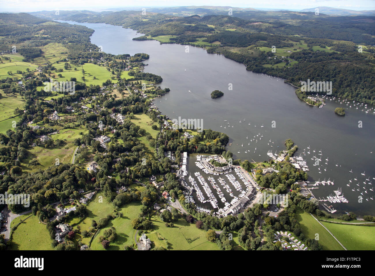 aerial view of Windermere Marina Village on Lake Windermere, Cumbria, UK Stock Photo