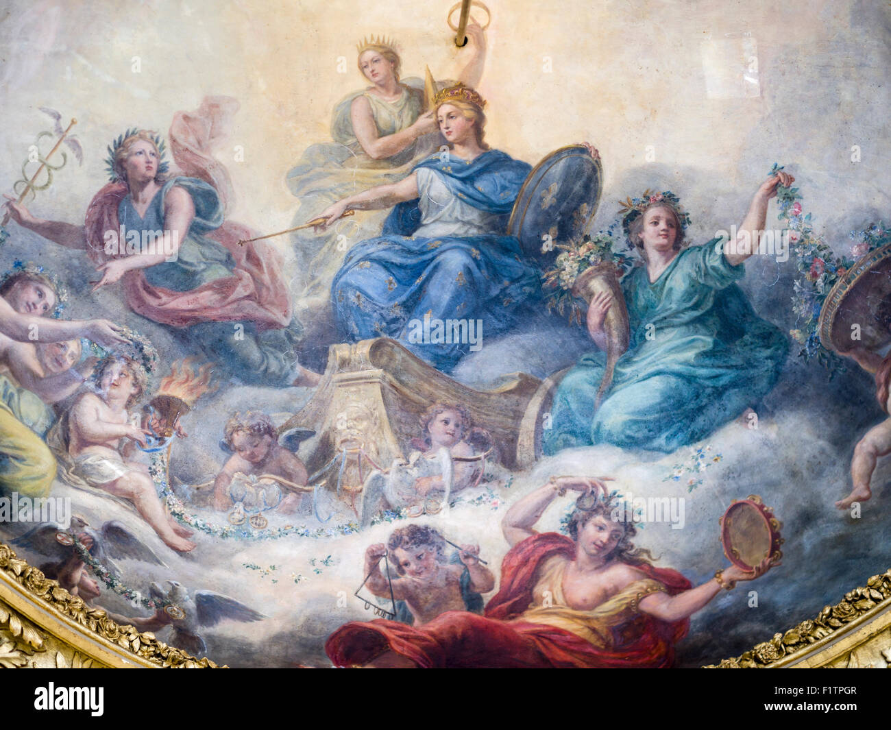 Marked for restoration. Ceiling painting in the main Palace.  White chalk lines outline the portions that need restoration Stock Photo