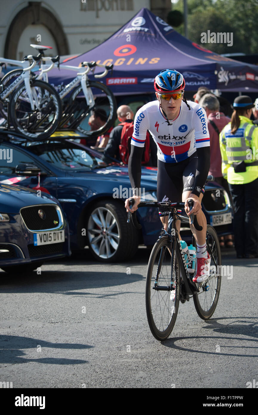 Downham village, Lancashire, UK. 7th September, 2015. Stage 2 Aviva Tour of Britain cycle race, stage start in Clitheroe, Lancashire. Petr Vakoc, Etixx Quickstep, looking calm before the start.  He would go on to win the stage. Credit:  STEPHEN FLEMING/Alamy Live News Stock Photo