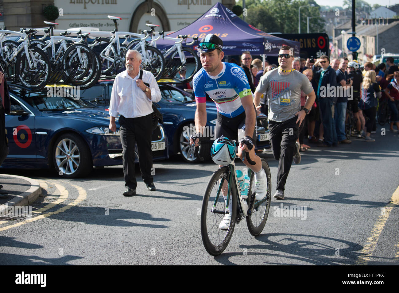 Stage 2 Aviva Tour of Britain cycle race at stage 2 start in Clitheroe, Lancashire. Mark Cavendish Etixx Quickstep, heading to the start. Stock Photo