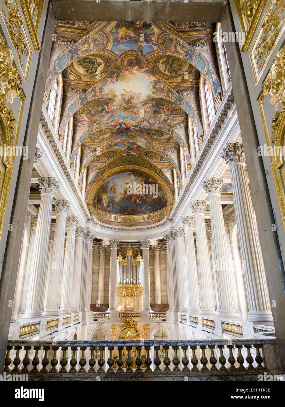 Chapel at Versailles: Entrance and Ceiling. The ornate chapel emphsizing the ceiling and the second floor balcony. Palace of Ver Stock Photo