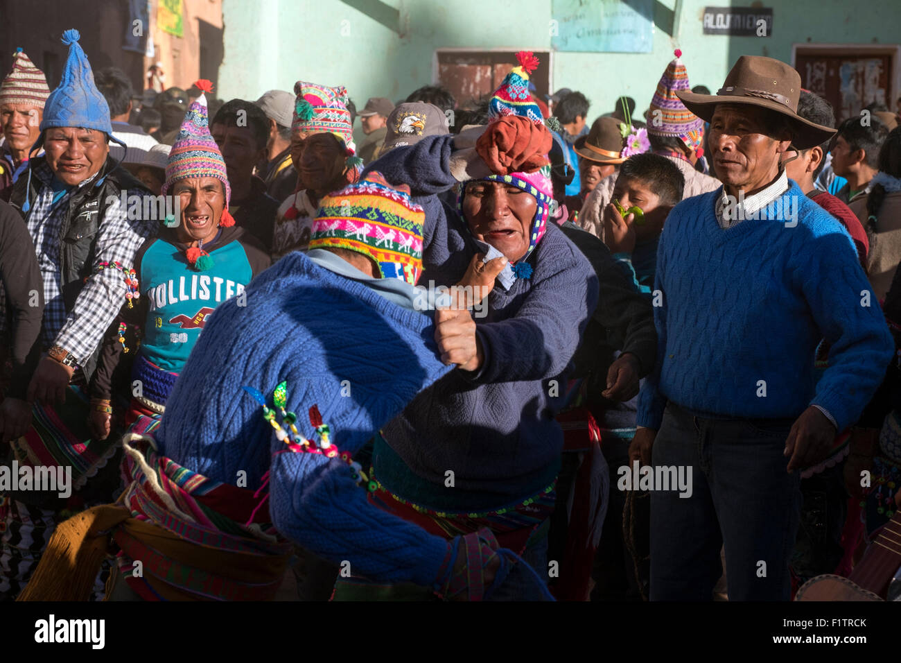 During the celebration of Tinku, fights start among the attendees, either individually or in a group fighting. Stock Photo