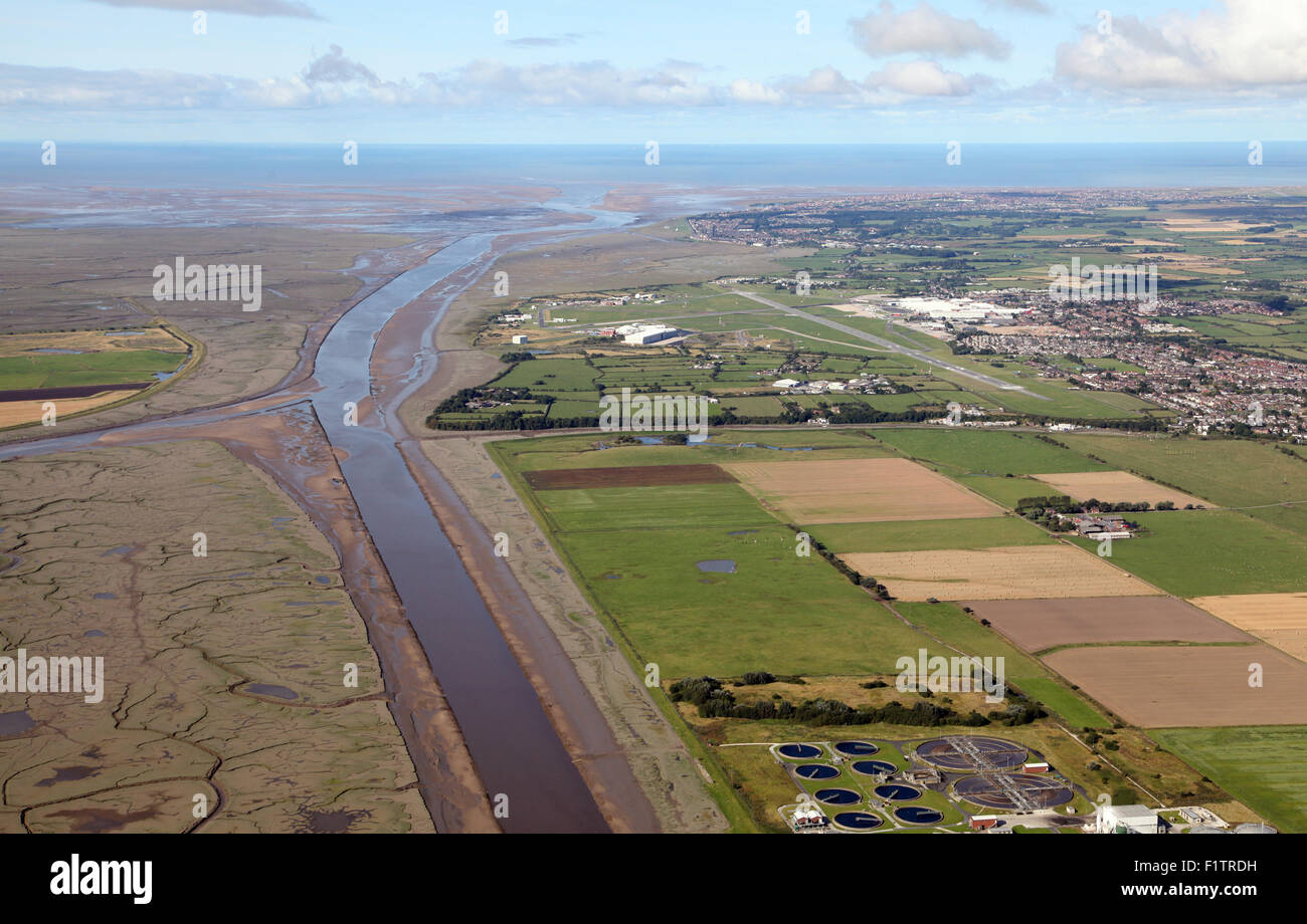 aerial view of the River Ribble Estuary and Warton Aerodrome, west of Preston, Lancashire, UK Stock Photo