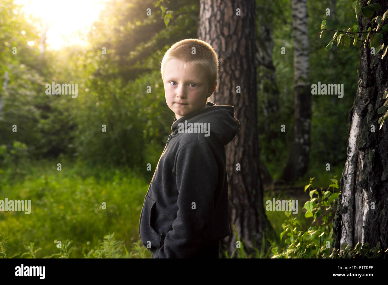 Child (boy) walking alone in green forest Stock Photo