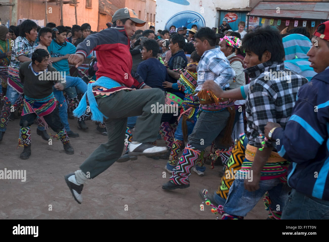 During the celebration of Tinku, fights start among the attendees, either individually or in a group fighting. Stock Photo