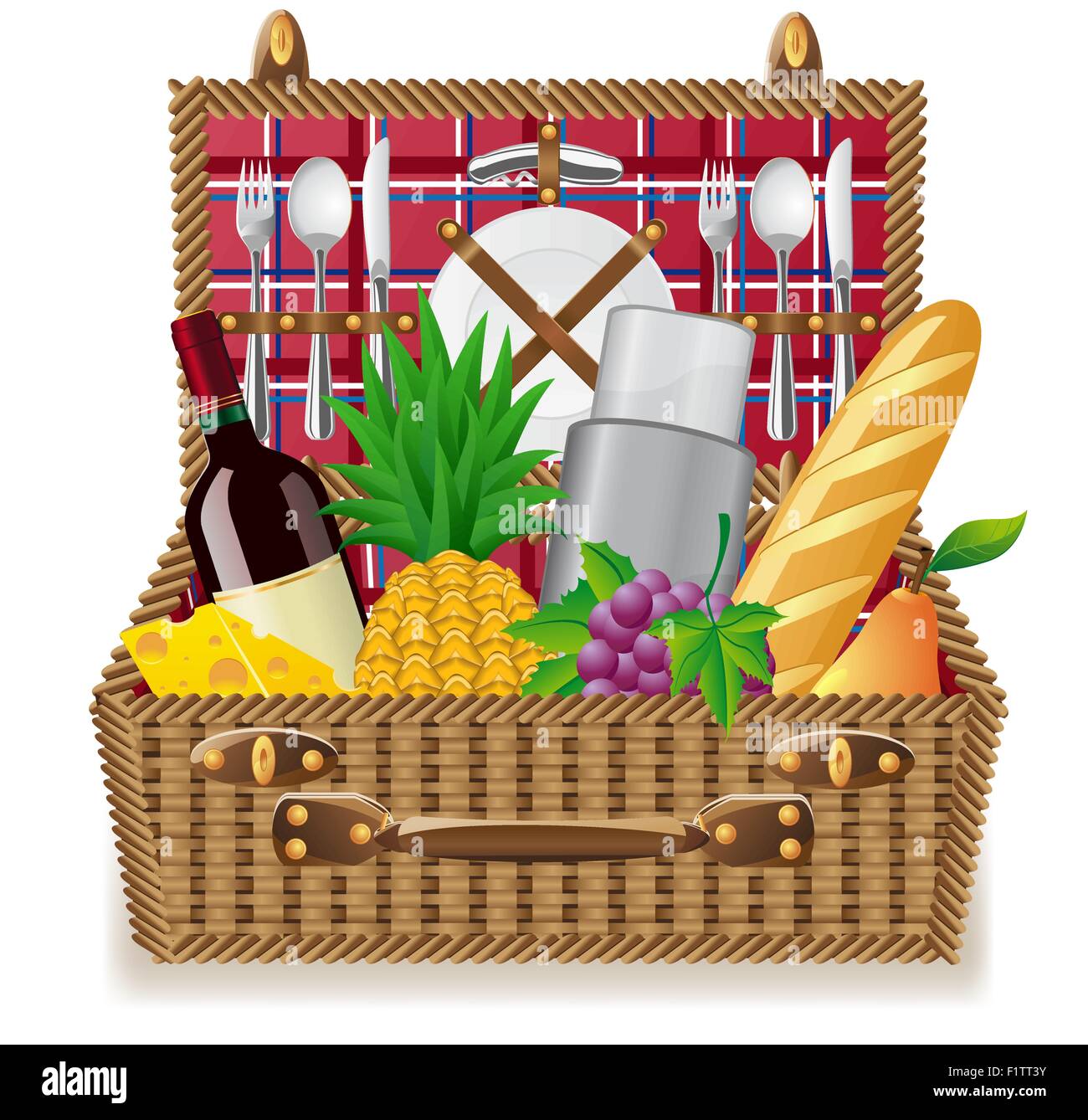 basket for a picnic with tableware and foods vector illustration Stock
