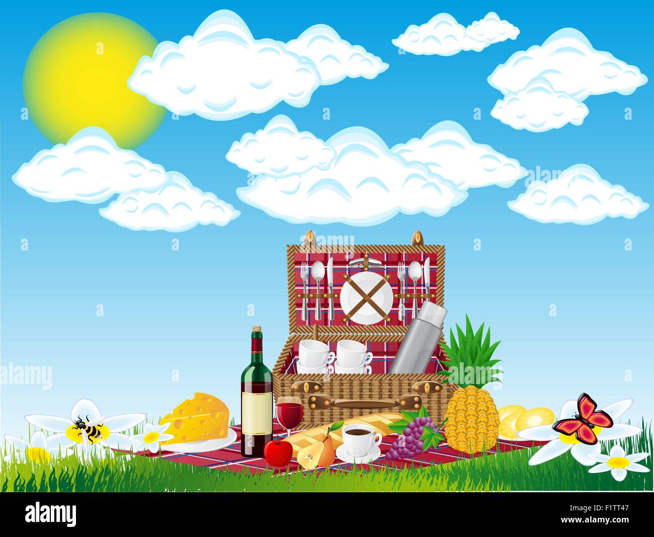 basket for a picnic with tableware and foods on nature vector