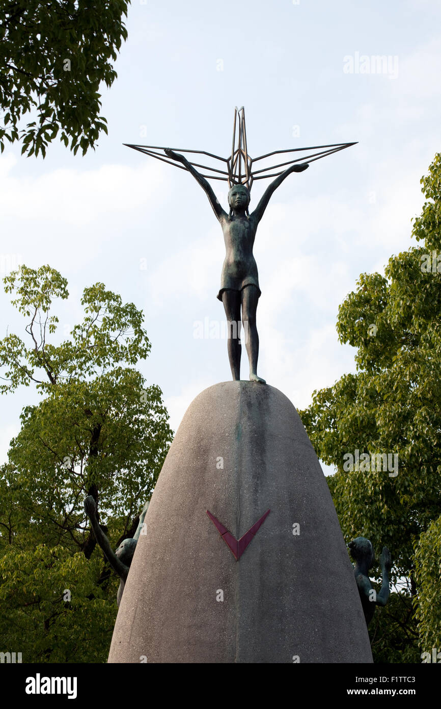 Children's Peace Monument or Atomic Bomb Children Statue to remember Sadako Sasaki and child victims of atomic bomb Hiroshima Stock Photo