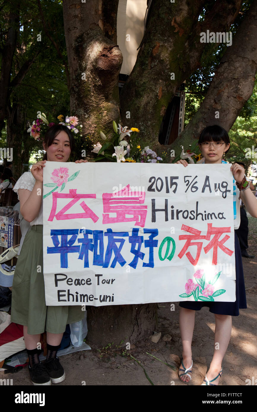 peace activists at Hiroshima Peace Park on 70th Anniversary of atomic bombing, Hiroshima, Japan Stock Photo