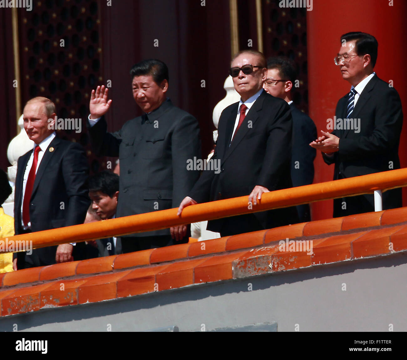 Sept. 3, 2015 - Beijing, CHINA - Over 12,000 soldiers and hundreds of tanks, ballistic missile launchers, amphibious assault vehicles, drones, fighter jets, helicopters and other military equipment participate in a massive parade marking the 70th anniversary of victory over Japan and the end of World War II in Beijing on September 3, 2015. Presiding over the extravaganza, President Xi Jinping, China's most powerful leader in decades, said that China would remain committed to ''the path of peaceful development'' and unexpectedly vowed to cut 300,000 troops from its 2.3-million strong military, Stock Photo