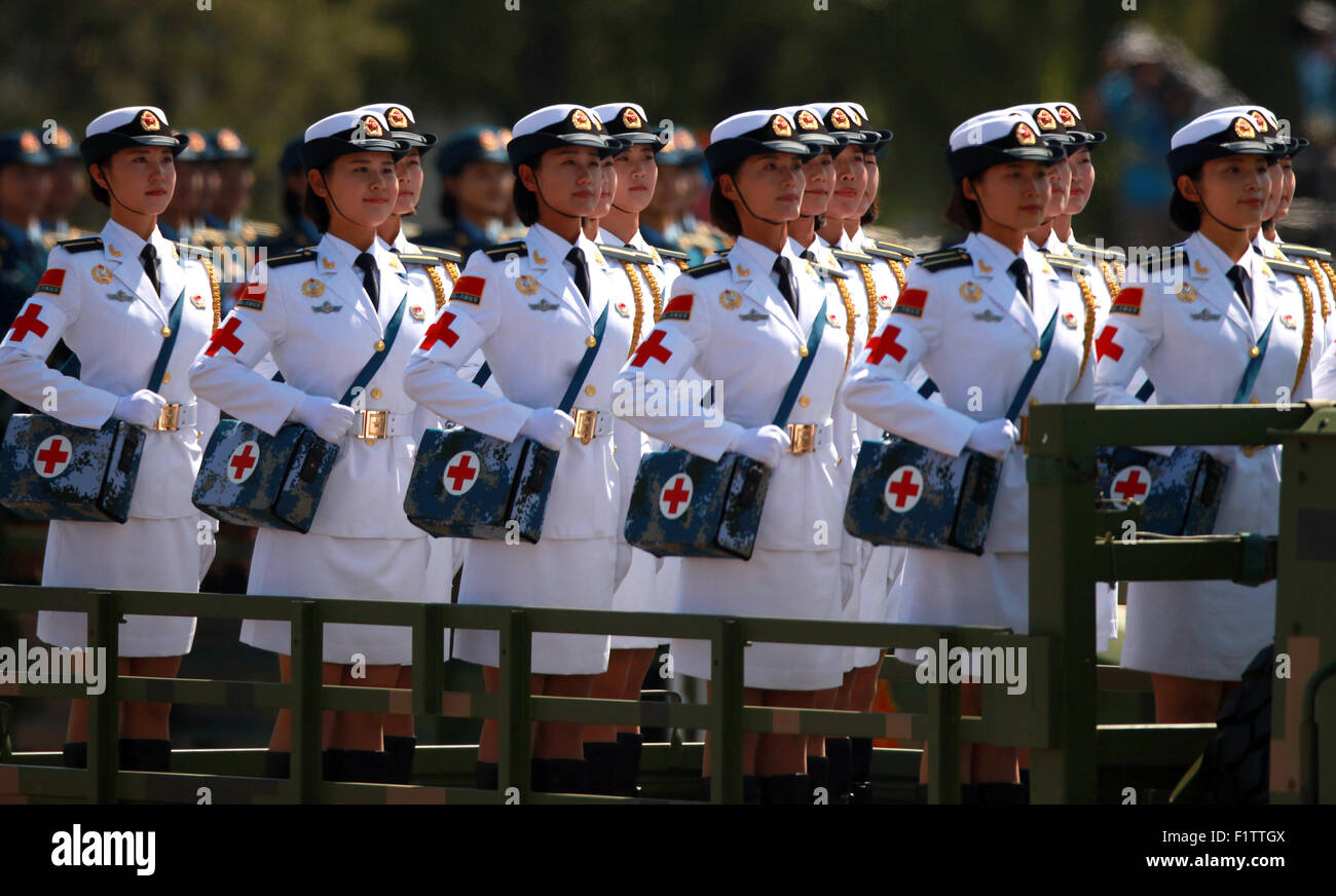 Sept. 3, 2015 - Beijing, CHINA - Over 12,000 soldiers and hundreds of tanks, ballistic missile launchers, amphibious assault vehicles, drones, fighter jets, helicopters and other military equipment participate in a massive parade marking the 70th anniversary of victory over Japan and the end of World War II in Beijing on September 3, 2015. Presiding over the extravaganza, President Xi Jinping, China's most powerful leader in decades, said that China would remain committed to ''the path of peaceful development'' and unexpectedly vowed to cut 300,000 troops from its 2.3-million strong military, Stock Photo