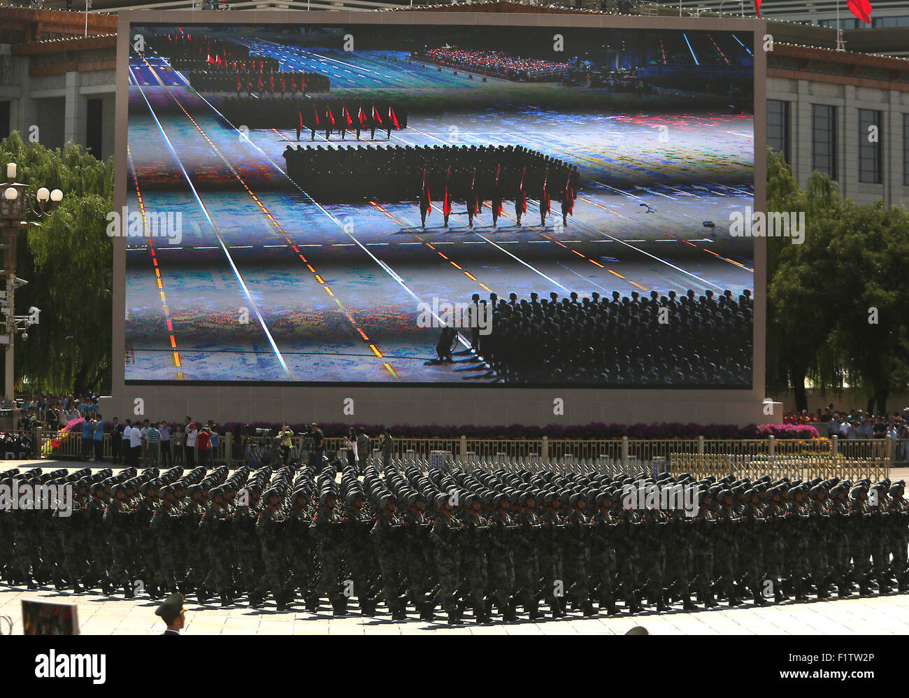 Sept. 3, 2015 - Beijing, CHINA - Over 12,000 soldiers and hundreds of tanks, ballistic missile launchers, amphibious assault vehicles, drones, fighter jets, helicopters and other military equipment participate in a massive parade marking the 70th anniversary of victory over Japan and the end of World War II in Beijing on September 3, 2015. Presiding over the extravaganza, President Xi Jinping, China's most powerful leader in decades, said that China would remain committed to ''the path of peaceful development'' and unexpectedly vowed to cut 300,000 troops from its 2.3-million strong military, Stock Photo